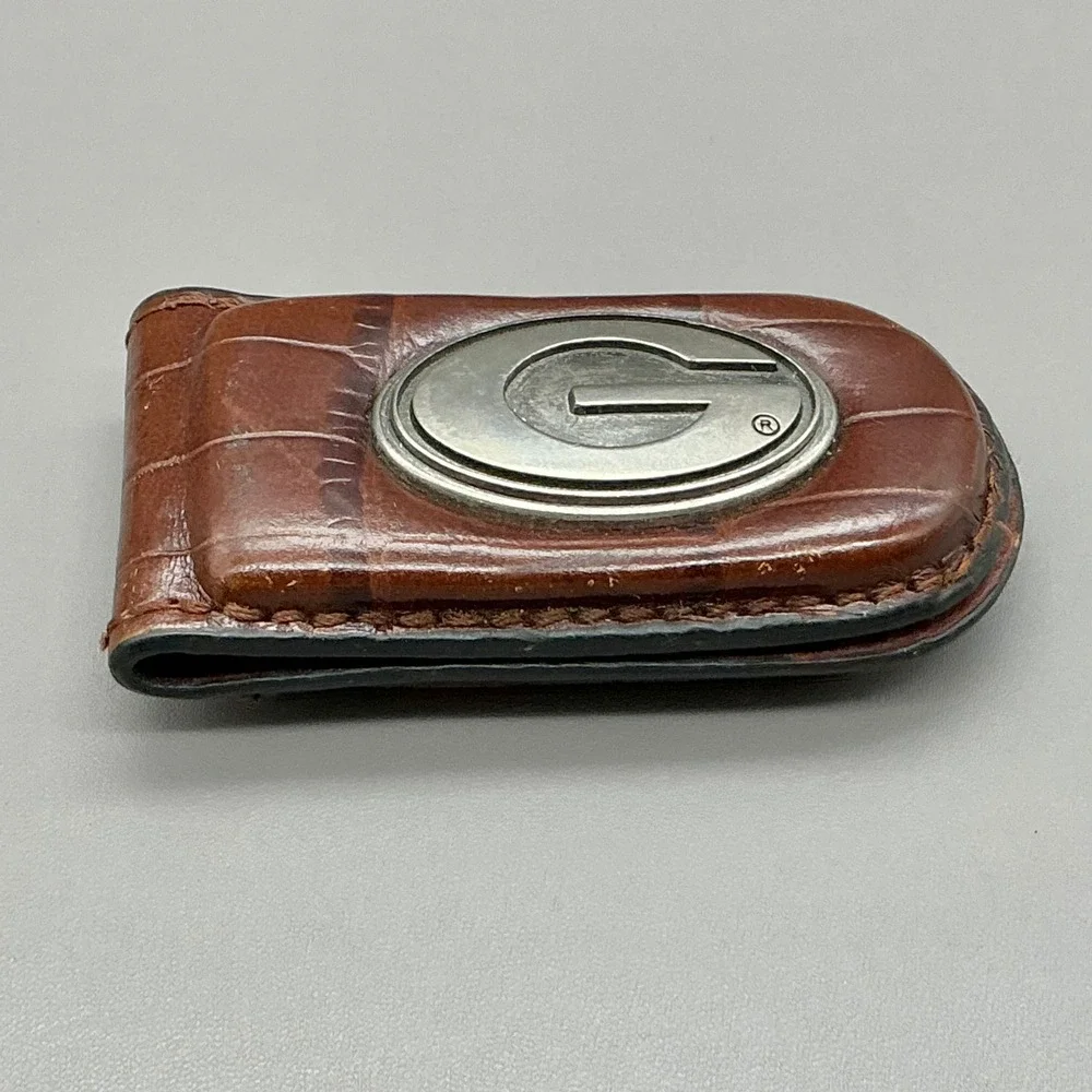 Guess Genuine Leather Money Clip Brown Croc Embossed Silver Tone Logo Wallet